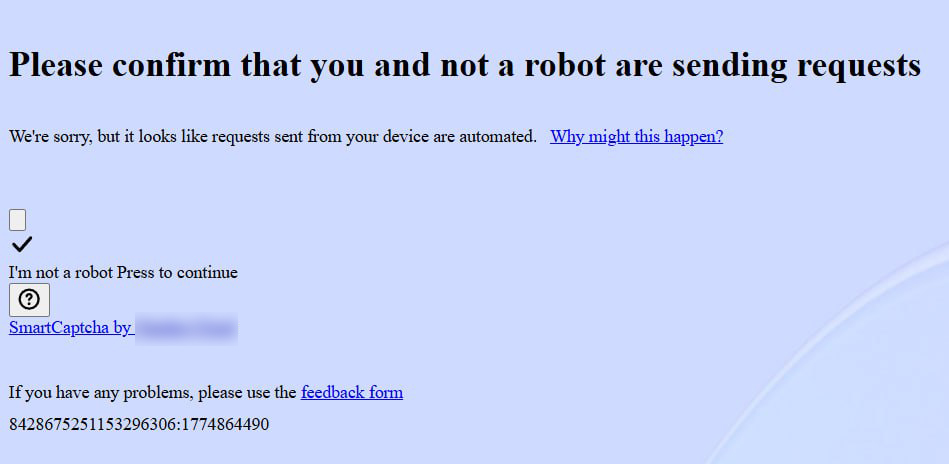 Экран SmartCaptcha, который AI-бот получил вместо страницы сайта при HTTP-статусе 200