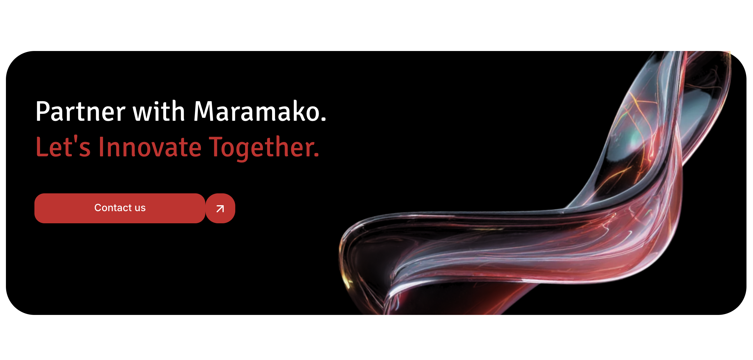 Финальный CTA-блок «Partner with Maramako» со стеклянным AI-шейпом и кнопкой «Contact us».