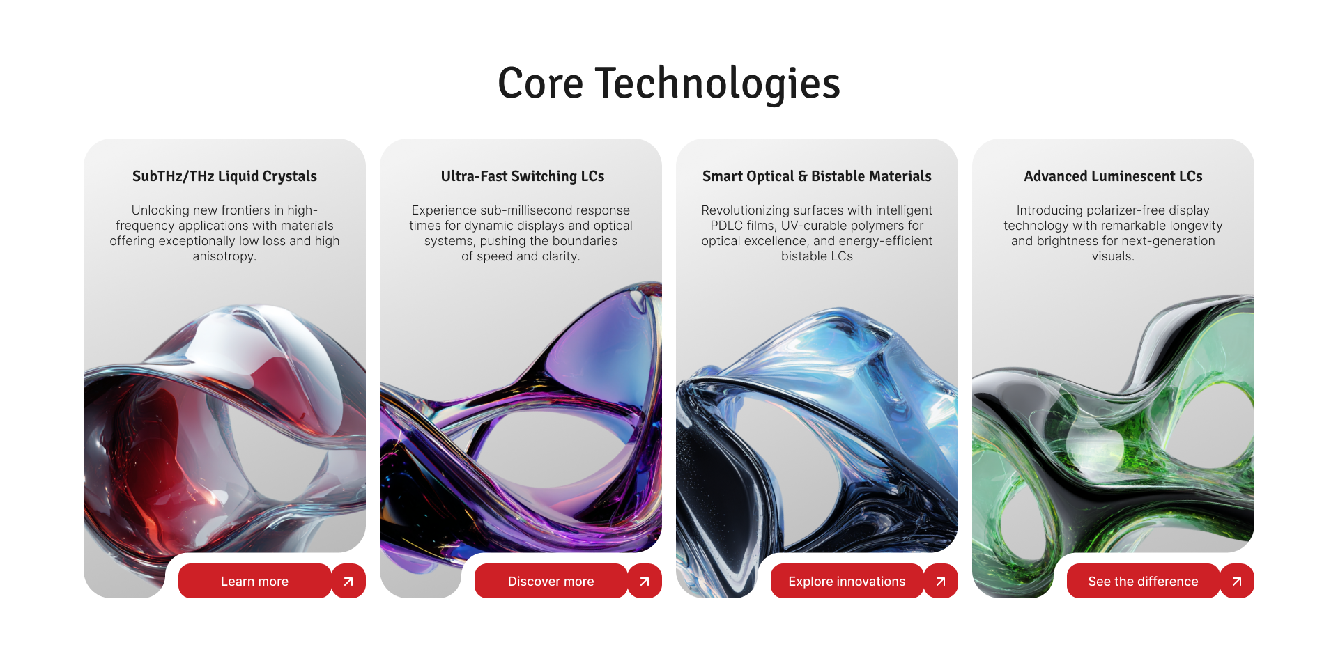 Блок Core Technologies: четыре карточки направлений, в каждой AI-шейп своего цвета — красный, фиолетовый, голубой, зеленый.