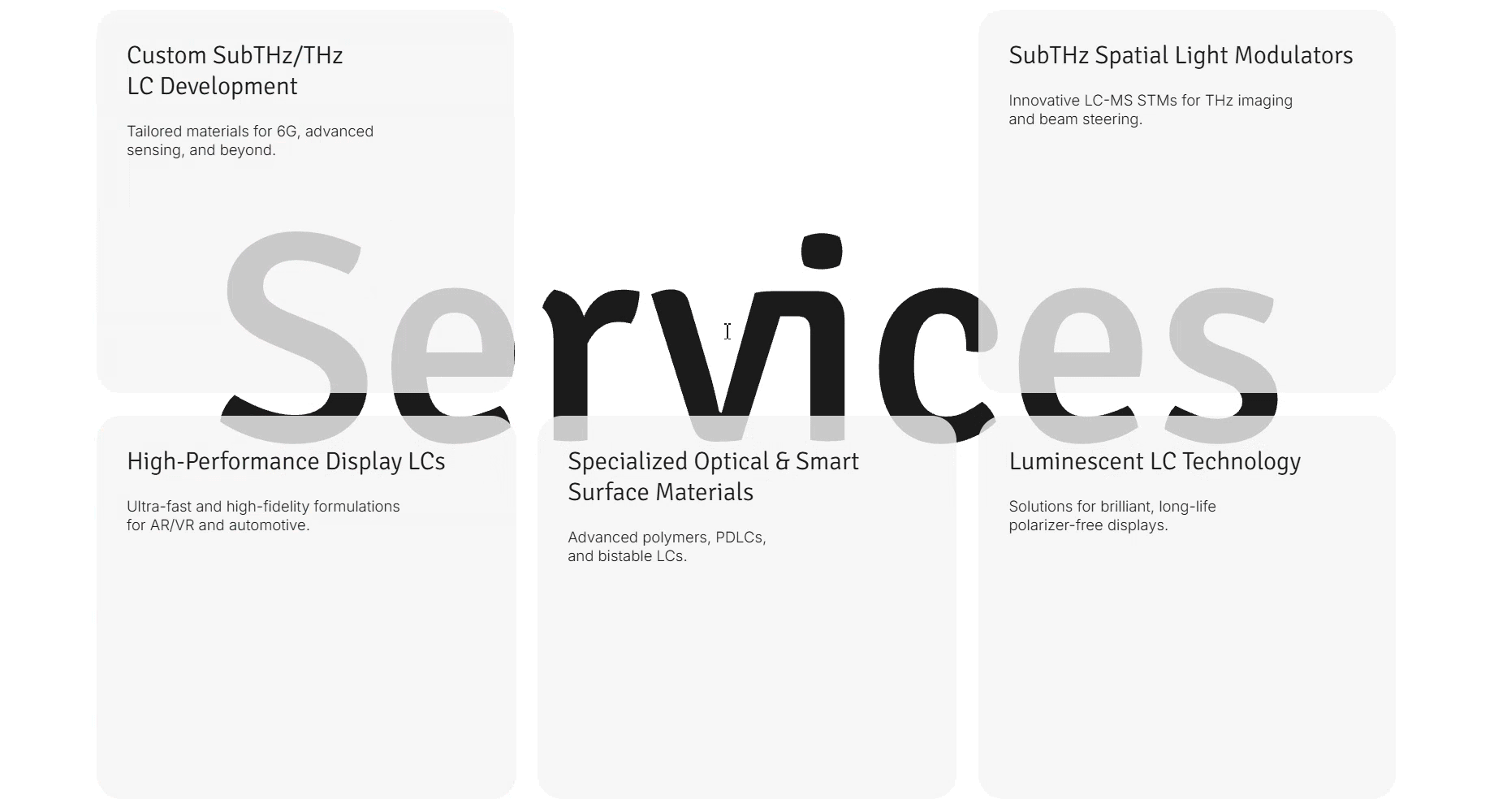 Блок Services: пять карточек услуг, при наведении карточка заливается фирменным красным.