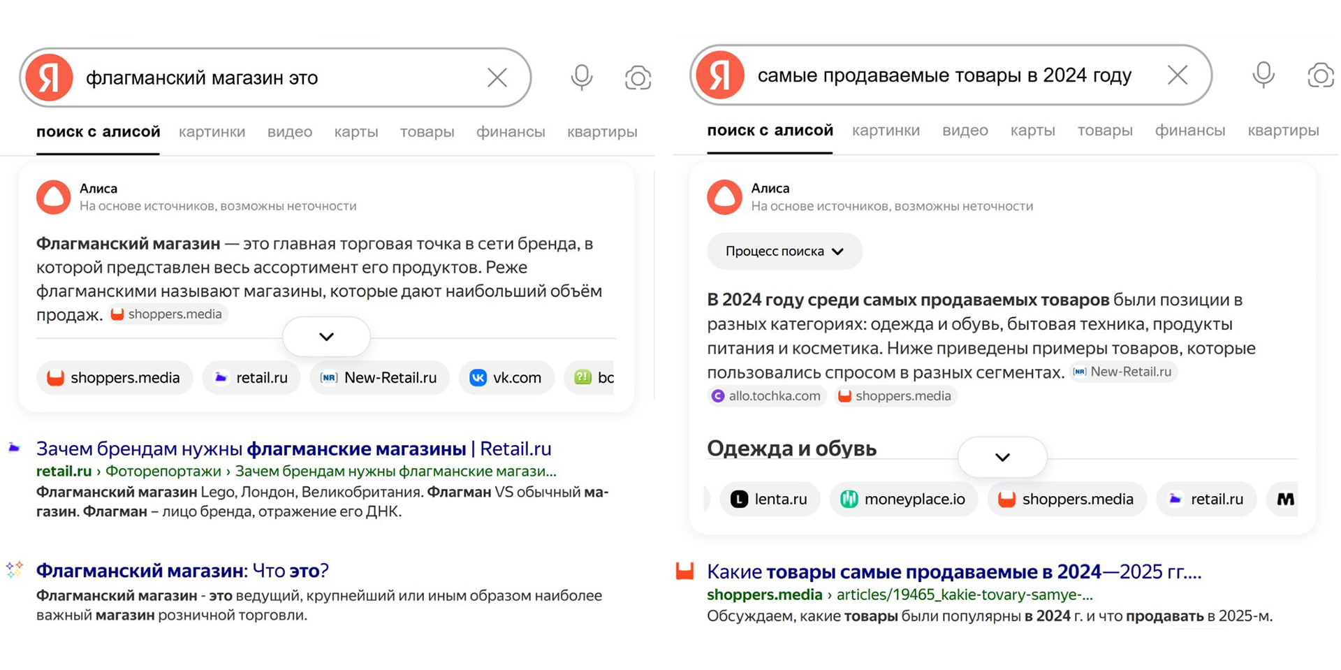 Поиск Яндекса с Алисой по запросам «флагманский магазин это» и «самые продаваемые товары в 2024 году»: в нейроответе ссылки на Shoppers.media и New-Retail.ru