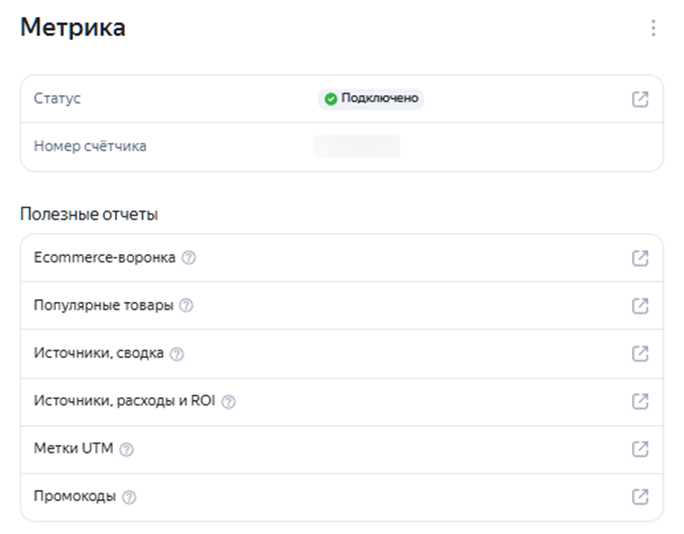 Из панели КИТа быстрые ссылки ведут в конкретные отчеты Метрики — вплоть до расходов и ROI по источникам, UTM-меток и промокодов